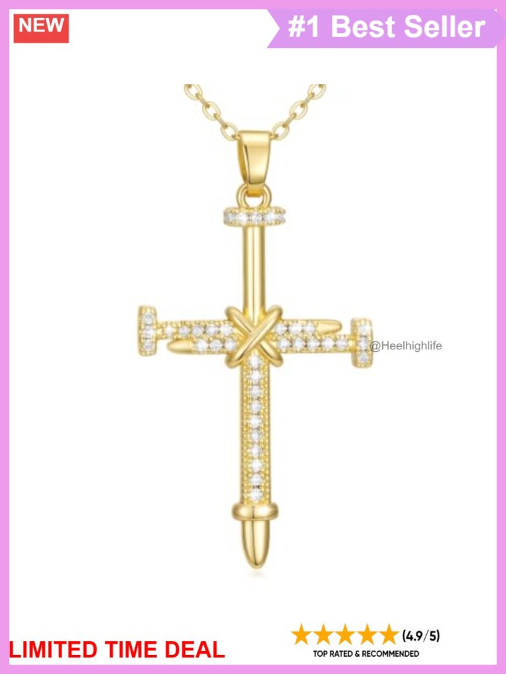 14K Gold Nail Cross Pendant Necklace Cable Chain Religious Jewelry Gift
